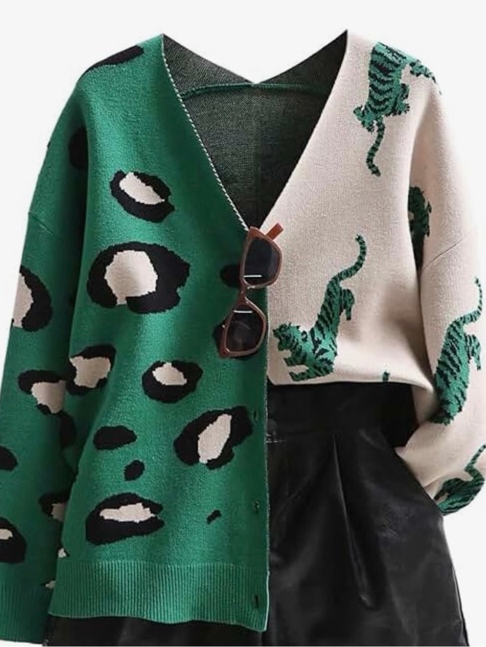 Green & Cream Tiger Print Contrast V-Neck Sweater